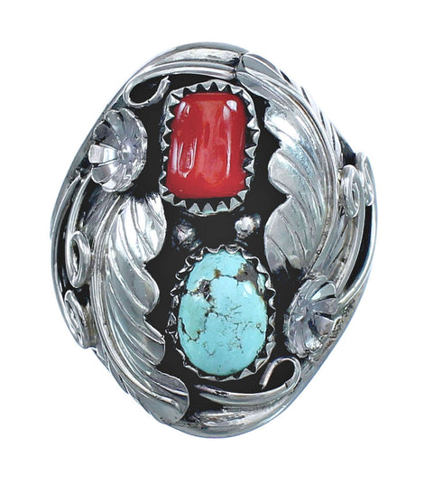 Authentic Sterling Silver Navajo Turquoise Coral Leaf Design Ring Size 11 AX122088